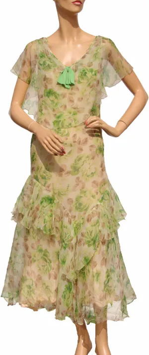 1930s Dress Floral Print Silk Chiffon