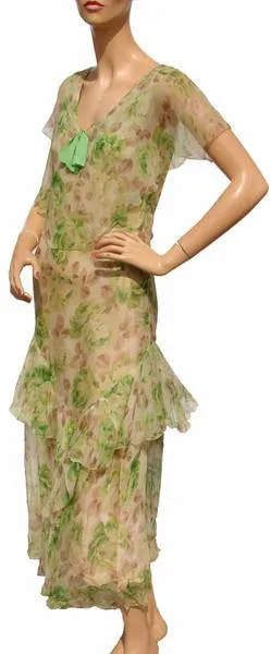 1930s Dress Floral Print Silk Chiffon