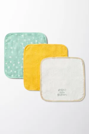 3 Pack Face Cloths White, Yellow & Green