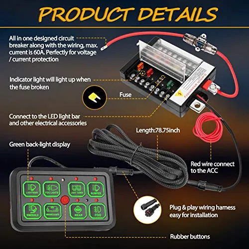 8 Gang Switch Panel Automatic Dimmable, Niwaker On-Off LED Car Switch Panel Universal Circuit Control Relay System Box Touch Switch Box with Label Stickers for Truck ATV UTV Boat Jeep Caravan Marine