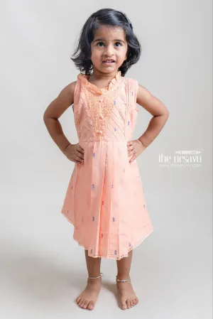 BBQ. Charming Orange Sleeveless Pleated Casual Cotton Frock For Girls