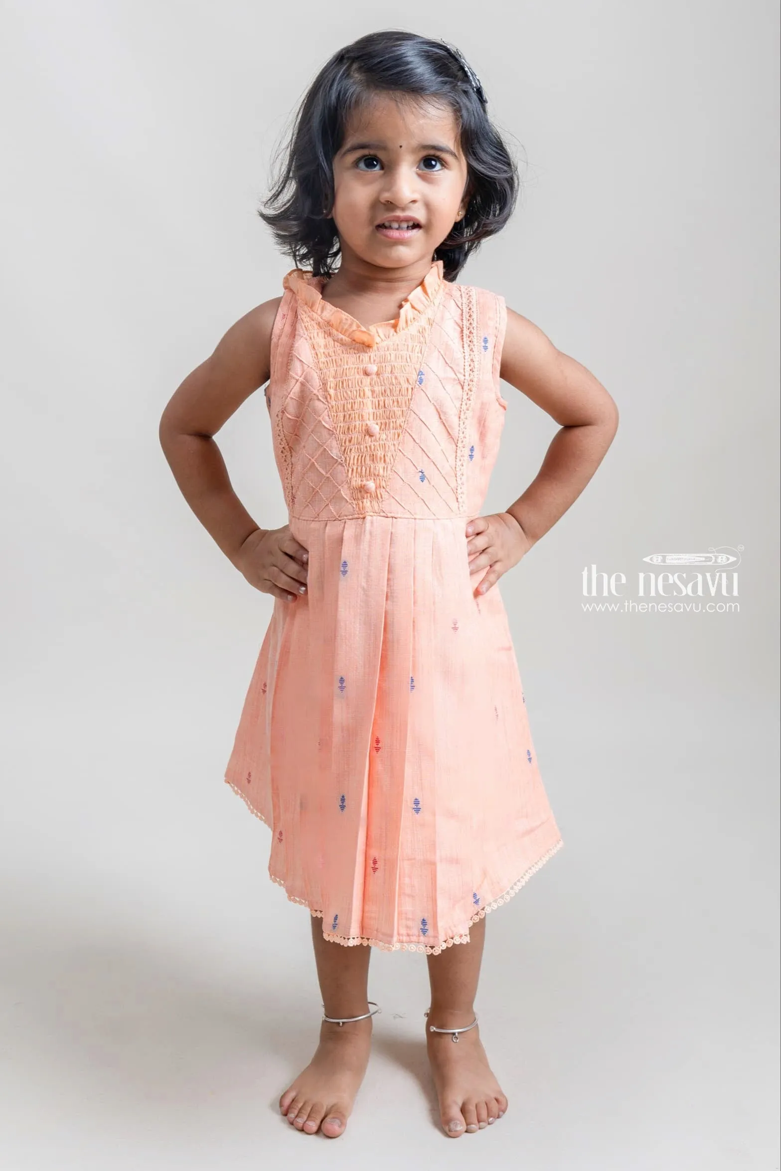 BBQ. Charming Orange Sleeveless Pleated Casual Cotton Frock For Girls