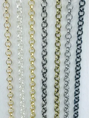 Brass Cable Rolo Chain Round sold by the foot. 6mm x 1.5mm x 1mm. Medium Size Rolo Chain Electroplated , 7 finishes available. Fast ship