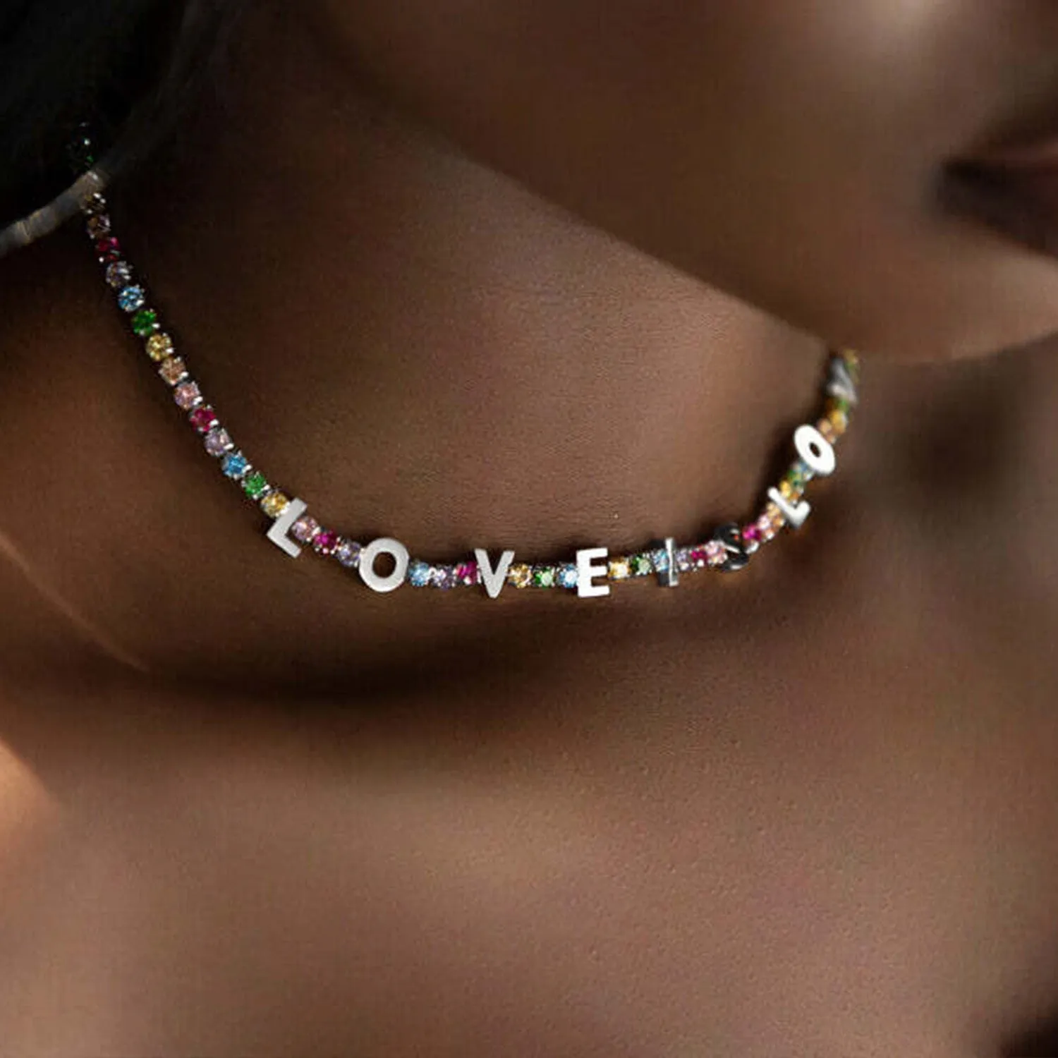 Custom Name Rainbow Tennis Necklace (Silver)