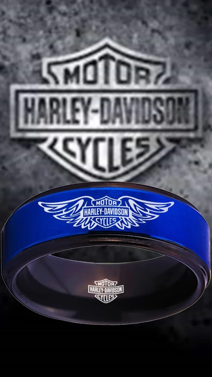 Harley Davidson Ring HD Logo Men's Ring 8mm Blue and Black Wedding Ring #harleydavidson