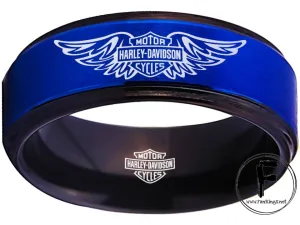 Harley Davidson Ring HD Logo Men's Ring 8mm Blue and Black Wedding Ring #harleydavidson