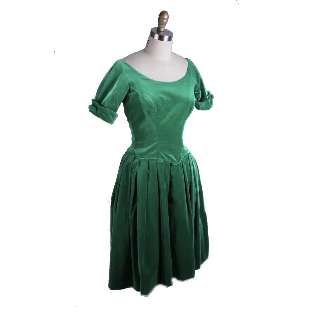 Retro 1950s Vintage Emerald Green Velvet Party Dress 1950S  S Joy Time