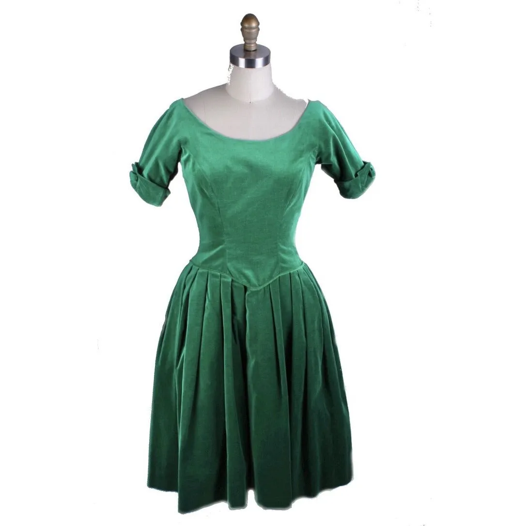 Retro 1950s Vintage Emerald Green Velvet Party Dress 1950S  S Joy Time