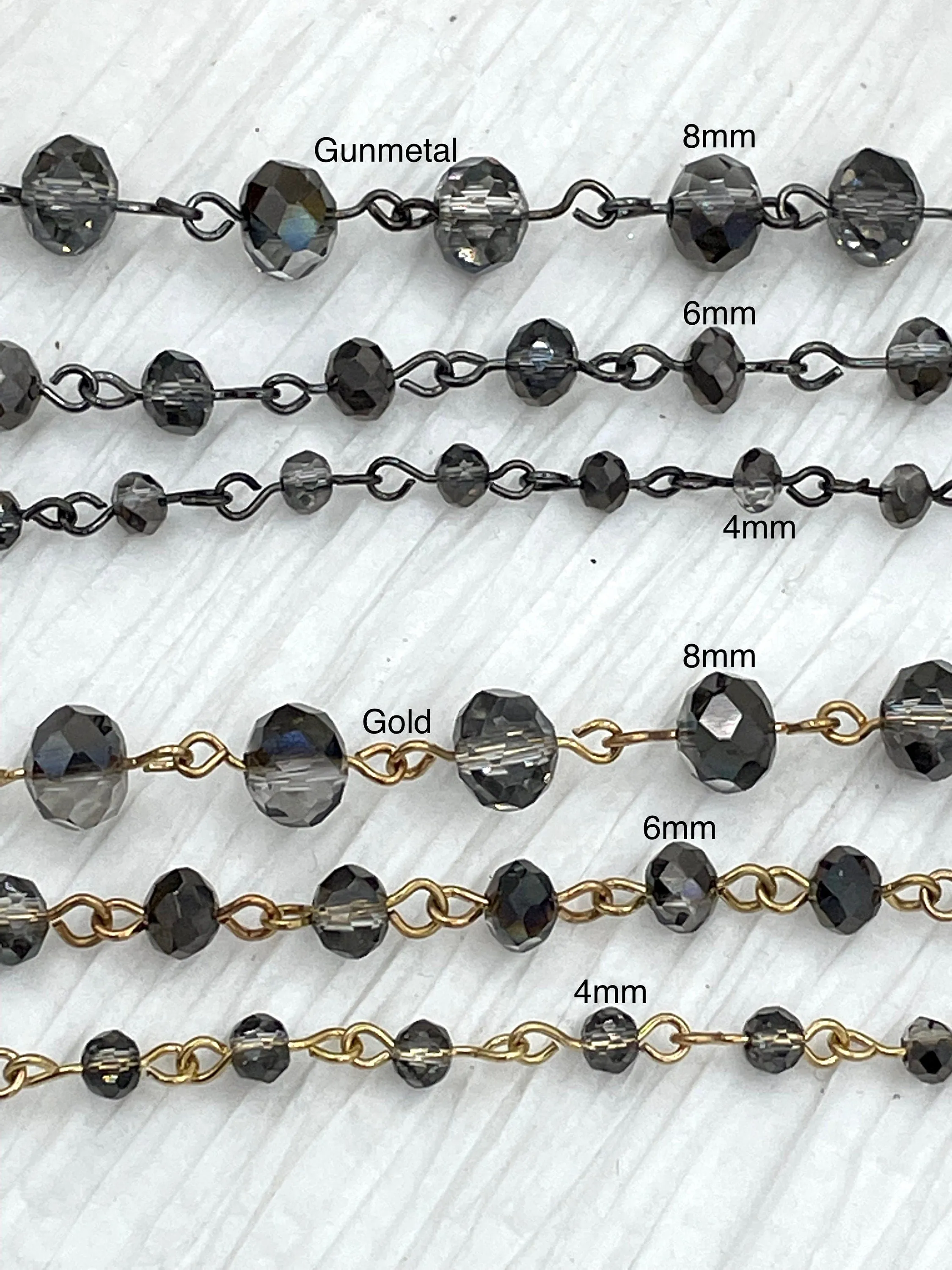 Smokey Grey Crystal Rondelle Rosary Beaded Chain, 8mm and 6mm Faceted glass beads, Available with gold or gunmetal, pin 1 Meter (39 ")