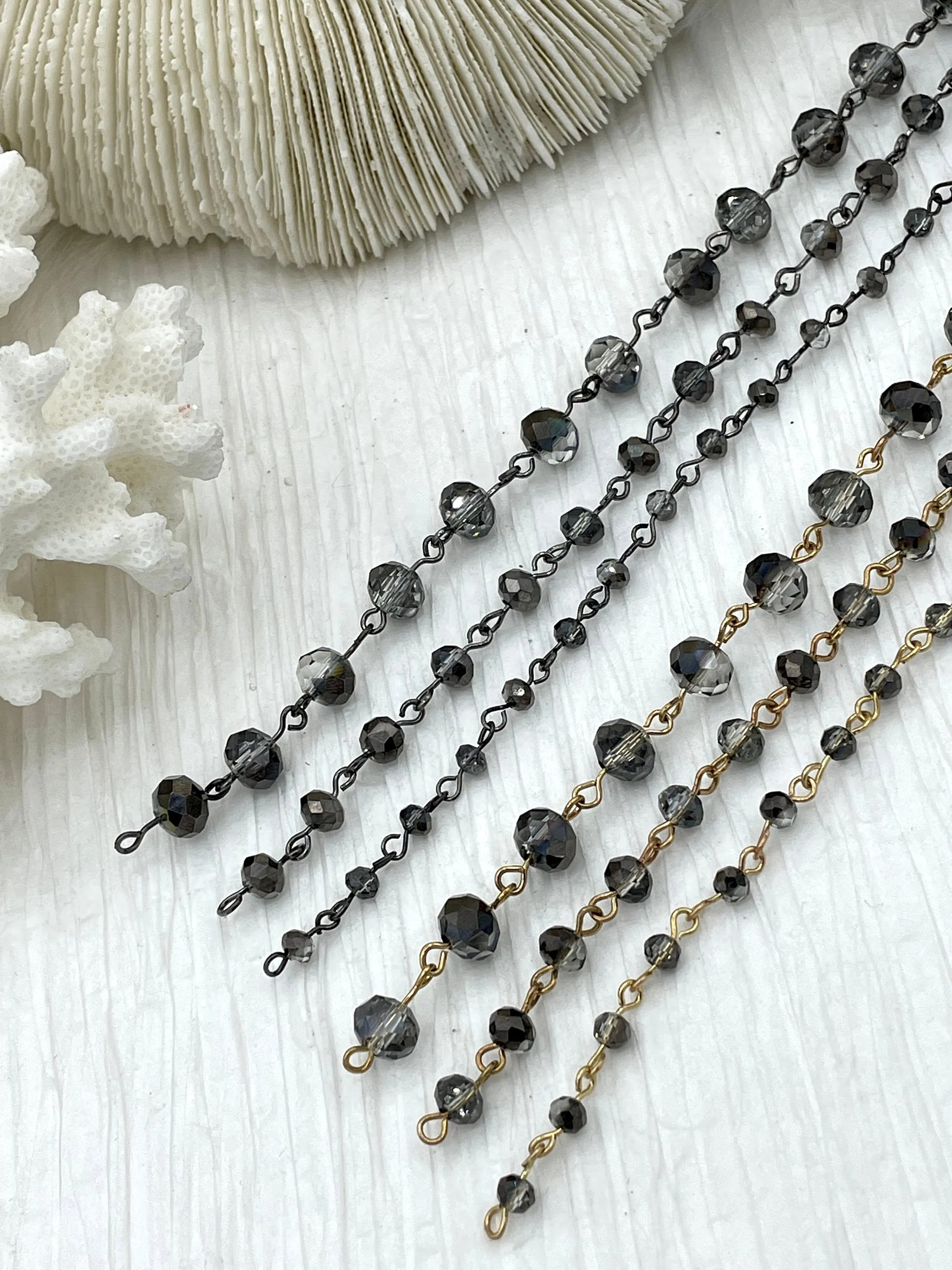 Smokey Grey Crystal Rondelle Rosary Beaded Chain, 8mm and 6mm Faceted glass beads, Available with gold or gunmetal, pin 1 Meter (39 ")