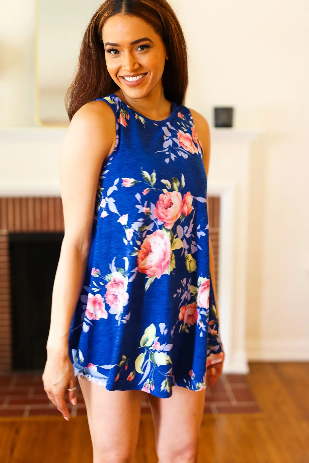 Sunny Days Navy Blue Floral Print Sleeveless Top