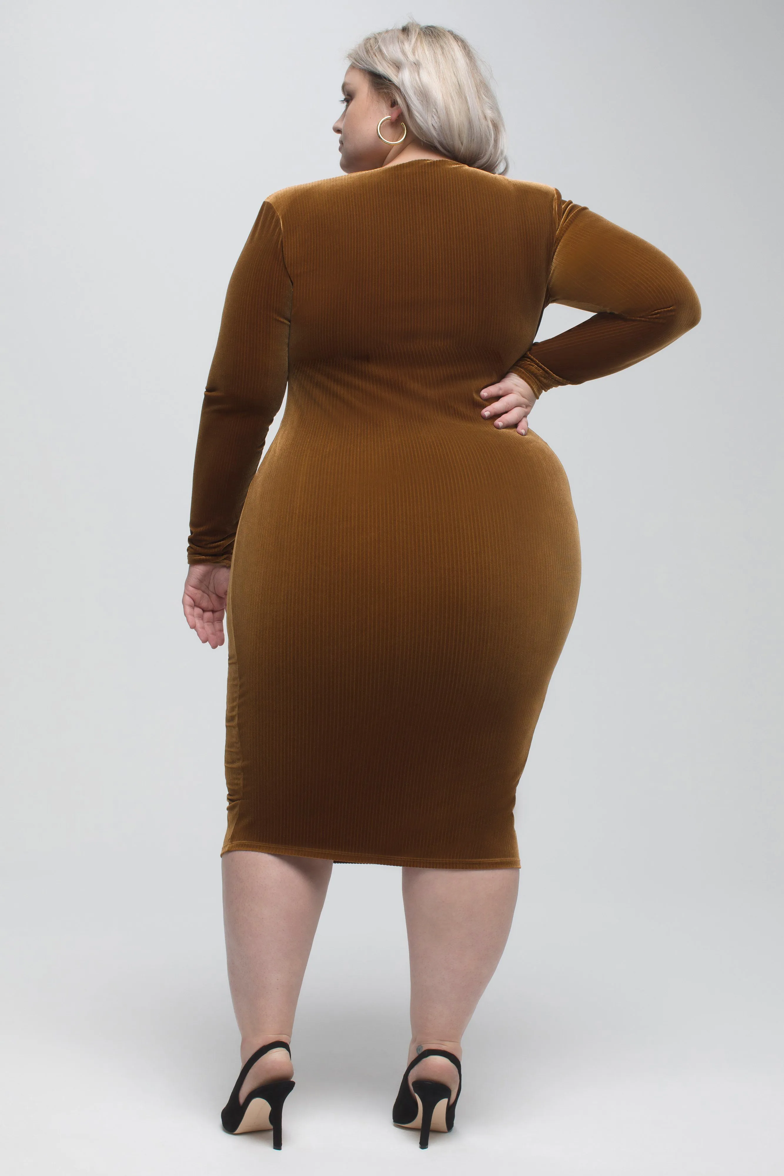 VELVET DEEP V MIDI DRESS | COPPER001