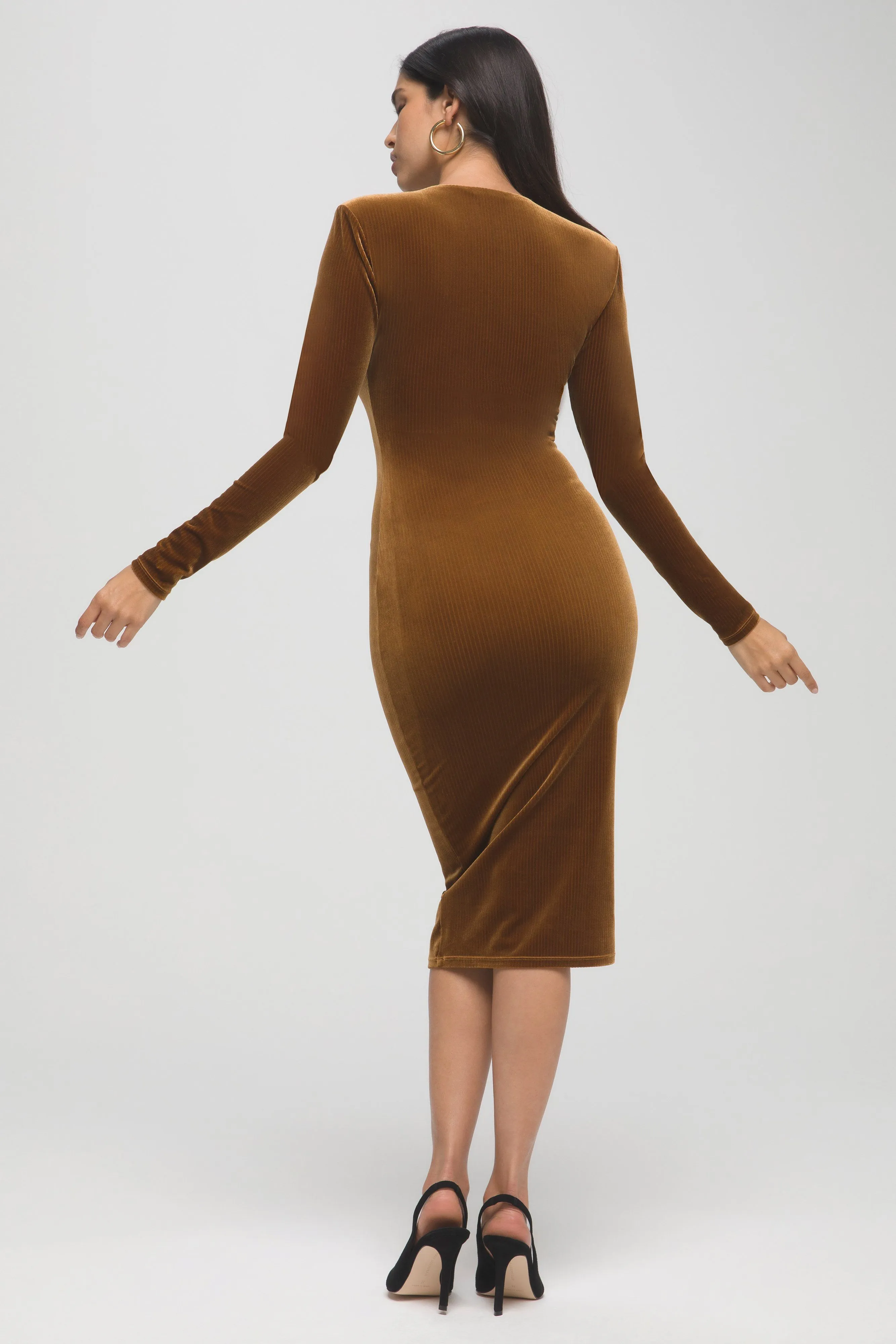 VELVET DEEP V MIDI DRESS | COPPER001