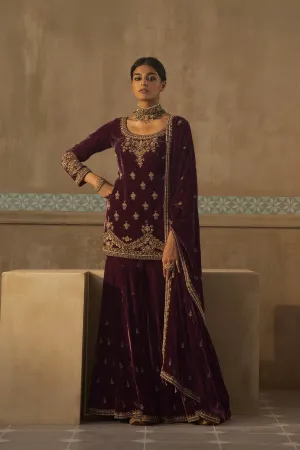 Wine Precious Stones Gharara Set